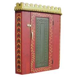 Contemporary  Folk Art  hanging corner cupboard w/antler handle, red/green/mustard paint, 22 W x 27 