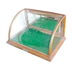 "Primley's California Pepsin Gum" oak curved glass showcase w/orig. etched glass.