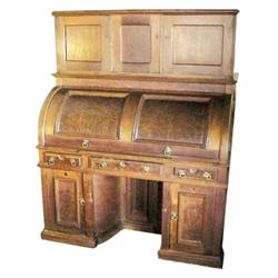 Wooten #10 double pier standard grade cyl. top desk, walnut w/burl inserts and upper book cab., 1880