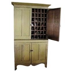 Stepback cupboard w/cubbyholed interior, mustard paint, from Boone, MO. courthouse, C.1870, 48" x 92