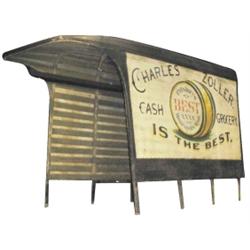 Painted canvas wagon cover, over wood frame for "Charles Zoller Grocery, Pillsbury Best, Minn., Minn