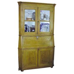 Grain-painted corner cupboard w/tip down desk w/cubbies, 4 upper panes of glass, footed & unique, 51