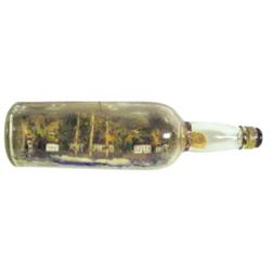 "Folk Art" ship in glass bottle, intricate village scene, very old & very unusual, 12"L.