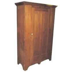 Red paint over pine one door wardrobe, scalloped bottom front & sides, great color & lines.