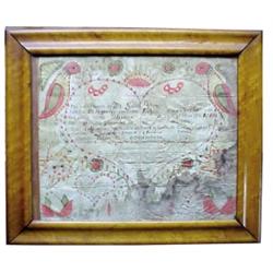 Hand decorated marriage certificate (some water staining) C.1800, 19"W x 16"H.