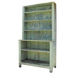Open front stepback cupboard, blue paint over pine, square nails, 46"W x 80"H.