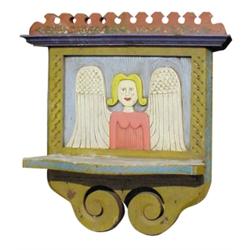 Contemporary "Folk Art" hanging shelf w/hand carved angel motif, 24"H.