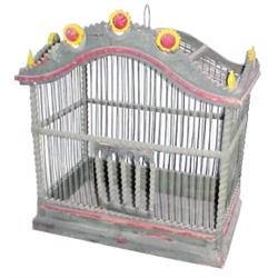 Wood birdcage w/metal bars, flower & spire details, great blue, red & yellow paint,  22"H.