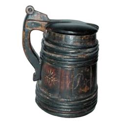 Decorated Norwegian wooden tankard w/lift lid, dated 1850, 12"H.