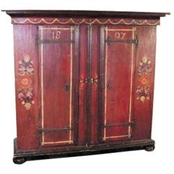 Scandinavian 2 dr. knockdown wardrobe w/bunn feet, hand decorated, 1807, hand wrought hinges, 78"Wx7