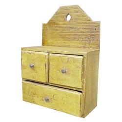 Miniature 3 drawer spice chest w/cut nail pulls, mustard paint, 9"H.