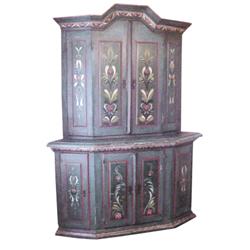 Two pc. Scandinavian corner cupboard, wonderful paint decorated heavy walnut, C. 1825. Wonderful loo