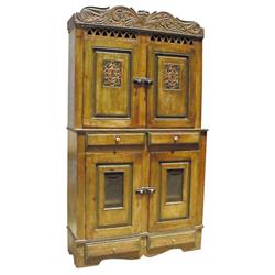 Pine stepback cupboard w/ Penns. Dutch influences, painted crown & grillwork panels in doors, 44"W x