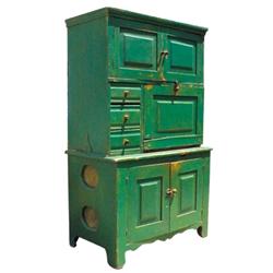 Kitchen flour, sugar & pie safe, old green paint, C. 1880's, 40"W x 67"H.