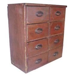 Eight drawer apothecary cabinet w/original oxblood red paint, a great size, 25"W x 28"H.