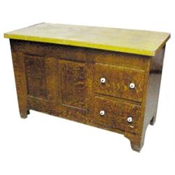 Amish grain painted lift top dough box on legs, 2 drawers, well constructed & unusual, 45"W.