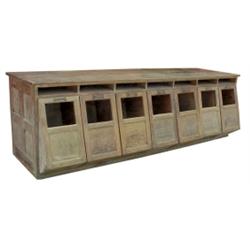 Early oak Walker seed bin counter from PA., embossed Walker handles, 10’L.