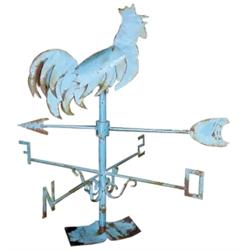 Hand wrought rooster weather vane, hand cut dimensional wings & tail feathers, great old blue paint,