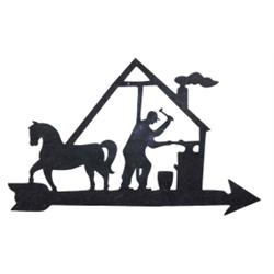 Old wrought iron cutout weathervane with blacksmithing scene, 35"L.