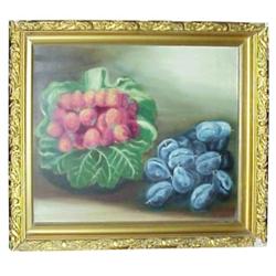 Framed oil on canvas, plums & strawberries on cabbage leaf, 21" x 17".