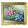 Image 1 : Framed oil on canvas, plums & strawberries on cabbage leaf, 21" x 17".