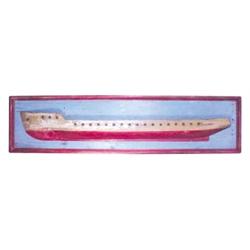 Carved half hull of sailing ship in original blue frame, a wonderful "Folk Art" display piece, 63"W 