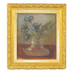 Framed oil painting on board, vase of blue flowers, 7"W x 8"H.