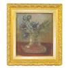 Image 1 : Framed oil painting on board, vase of blue flowers, 7"W x 8"H.
