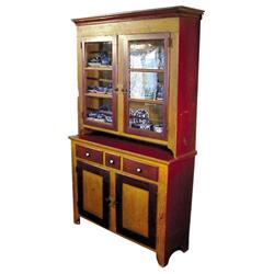 Stepback cupboard w/wainscotted back, oxblood red and mustard paint, C. 1880, 53"W x 88"H.