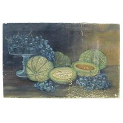 Oil painting of cantaloupe, 16"W x 24"H.