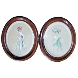 Pair of Victorian women watercolor/ink illustrations in walnut frames, signed A.M. Behrens, Quincy, 