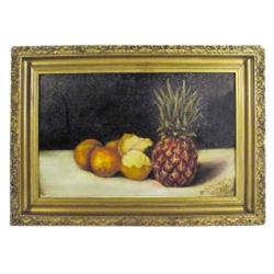 Still life oil painting on canvas of orange & pineapple, signed R.E. Hutchinson, 1908, 22 W x 16 H.