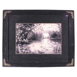 Framed charcoal & pencil picture of a fairy in a pond, 20 W x 16 H.