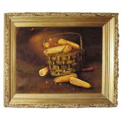 Oil painting of corn in basket, signed "A. Montgomery," 42"W x 33"H.