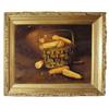 Image 1 : Oil painting of corn in basket, signed "A. Montgomery," 42"W x 33"H.