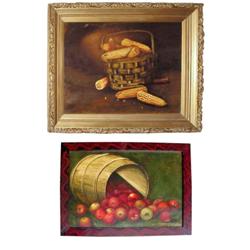 Oil painting of keg of apples, signed "A. Montgomery," 34"W x 26"H.