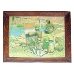 Framed litho on paper of "Indian Rug makers" by Robert Wesley Amick, 1879-1969. 33"W x 28"H.