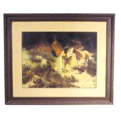 Framed & matted print  of Indian at camp w/his pony, signed I. Couse, 42 W x 35 H.