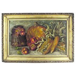 Still life oil painting of corn, apples, pumpkin & basket in wonderful old frame, late 1800's, 33 W 