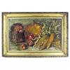 Image 1 : Still life oil painting of corn, apples, pumpkin & basket in wonderful old frame, late 1800's, 33"W 