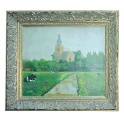 Framed oil on board, impressionist pastoral scene w/church, 16"W x 14"H.