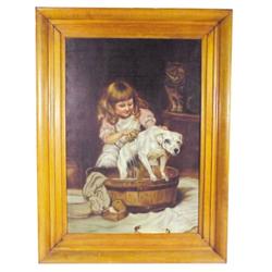 Oil painting on canvas of girl bathing dog, great early frame and subject, excellent condition, 38 W