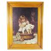 Image 1 : Oil painting on canvas of girl bathing dog, great early frame and subject, excellent condition, 38"W