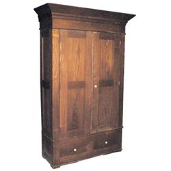 Knockdown 2 door oak wardrobe, 2 drawers, nice finish & angled crown molding, 48"W x 86"H.