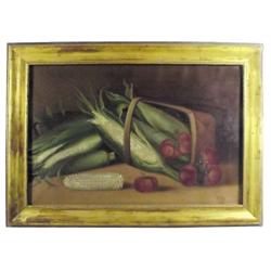 Framed oil painting on canvas of corn & fruit, signed M.E.K., 1910, 28 1/2 W x 21 H.