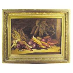 Framed oil painting on canvas of corn & mice, signed W. Corthell, great old frame, 30 W x 24 H.