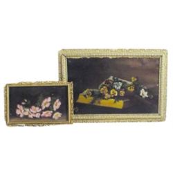 Lot of 2:  framed oil of colorful pansies, 18 1/2  W x 13  H & framed oil of wild roses, 8 W x 11 1/