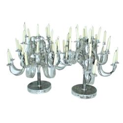 Pair of tin anniversary candelabras, from NY, each holds 24 candles, arms are serrated, very decorat