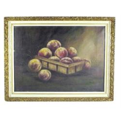 Still life oil painting on canvas of peaches in basket, great old frame, 27 W x 21 H.