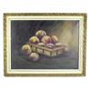 Image 1 : Still life oil painting on canvas of peaches in basket, great old frame, 27"W x 21"H.